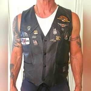 Black Leather Motorcycle Vest with Patches In L.